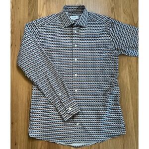 Eton Slim‎ Fit Long Sleeve Dress Shirt sz M Geometric Pattern Navy/White/Orange
